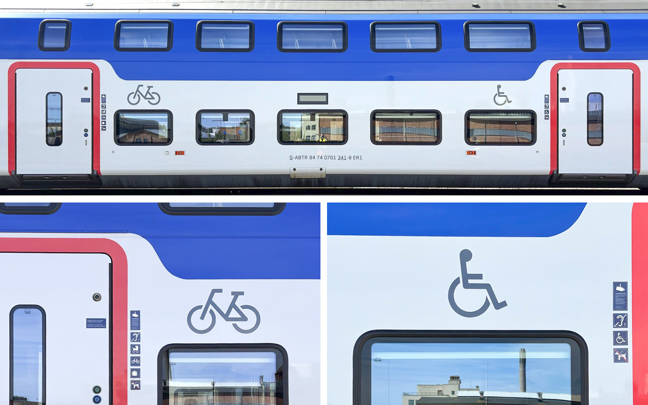 Kollage av bilder från utsidan av Mälartåg dubbeldäckare med symboler för rullstol och cykel