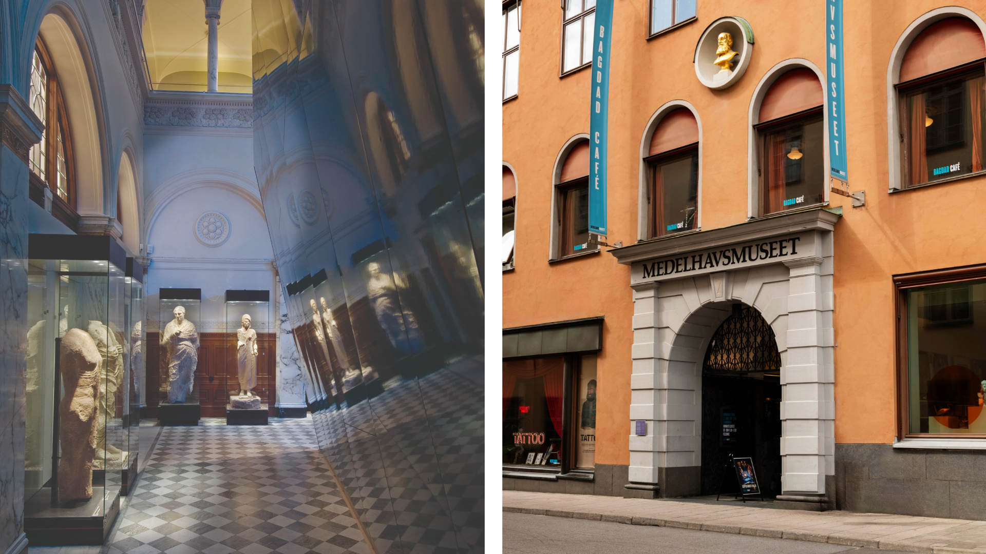 två bilder från medelhavsmuseet i stockholm statyer och ingången